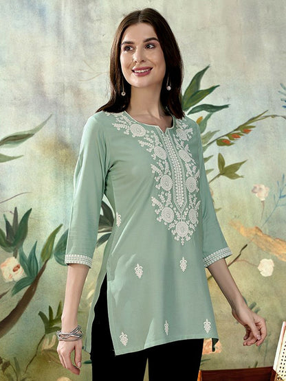 Buy Sea Green Straight Kurti with Ethnic Motifs Embroidery | Women's Rayon Kurti Online - Indiaista