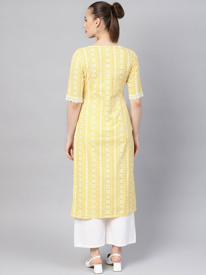 Women Yellow & White Block Print Straight Kurta with Lace Inserts - Indiaista