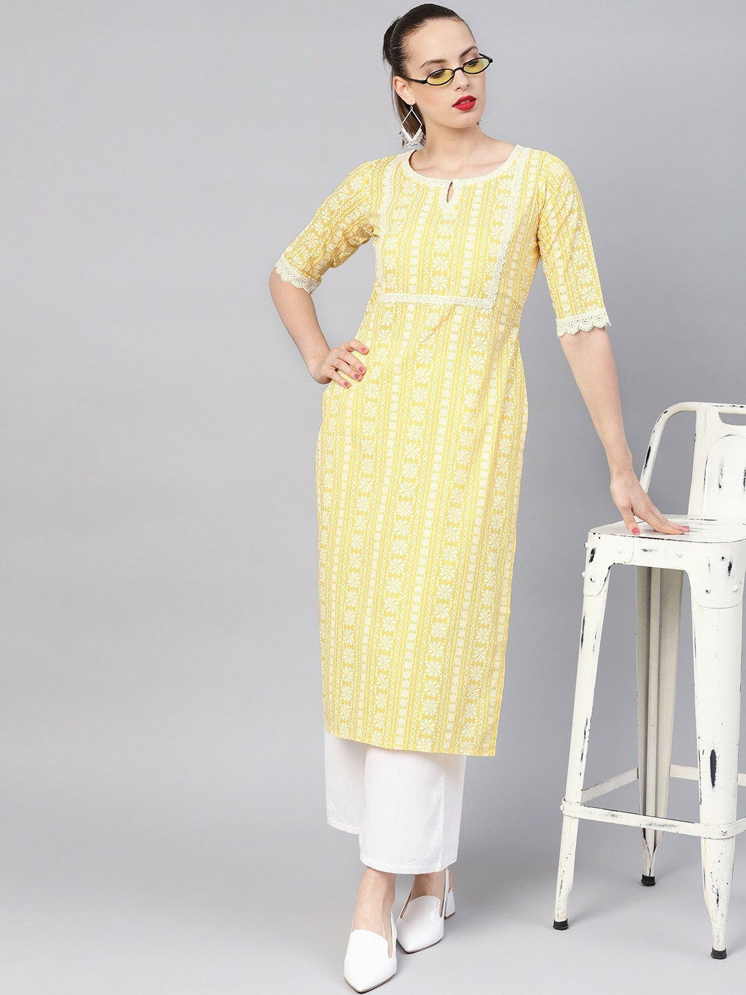 Women Yellow & White Block Print Straight Kurta with Lace Inserts - Indiaista