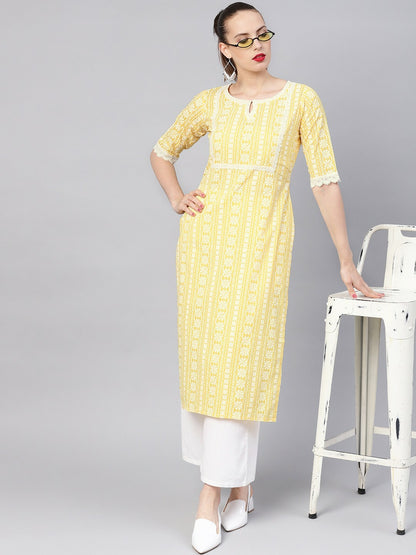 Women Yellow & White Block Print Straight Kurta with Lace Inserts - Indiaista