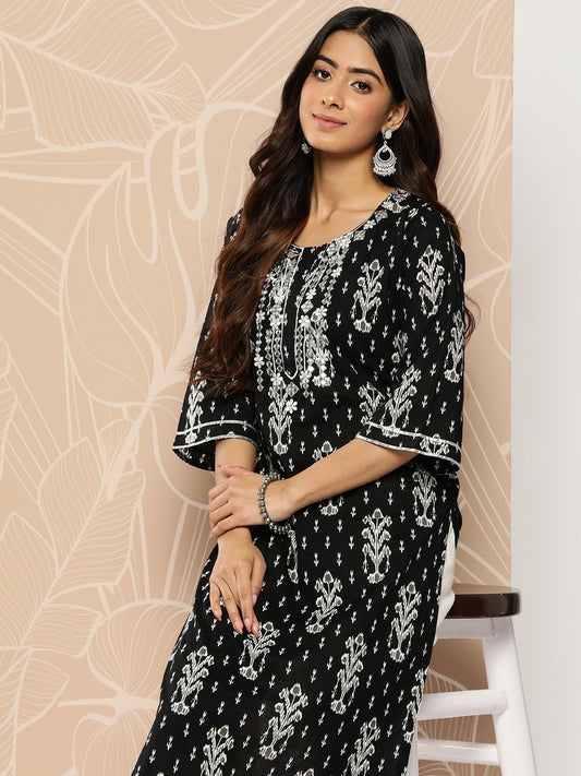 Ethnic Black & White Kurta for Women with Embroidered Motifs & Gotta Patti Detailing | IndiaIsta