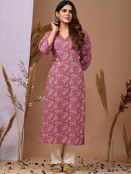 Ethnic Motifs Printed Pure Cotton Straight Kurta for Women - Purple & Beige | Indiaista