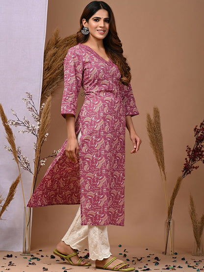 Ethnic Motifs Printed Pure Cotton Straight Kurta for Women - Purple & Beige | Indiaista