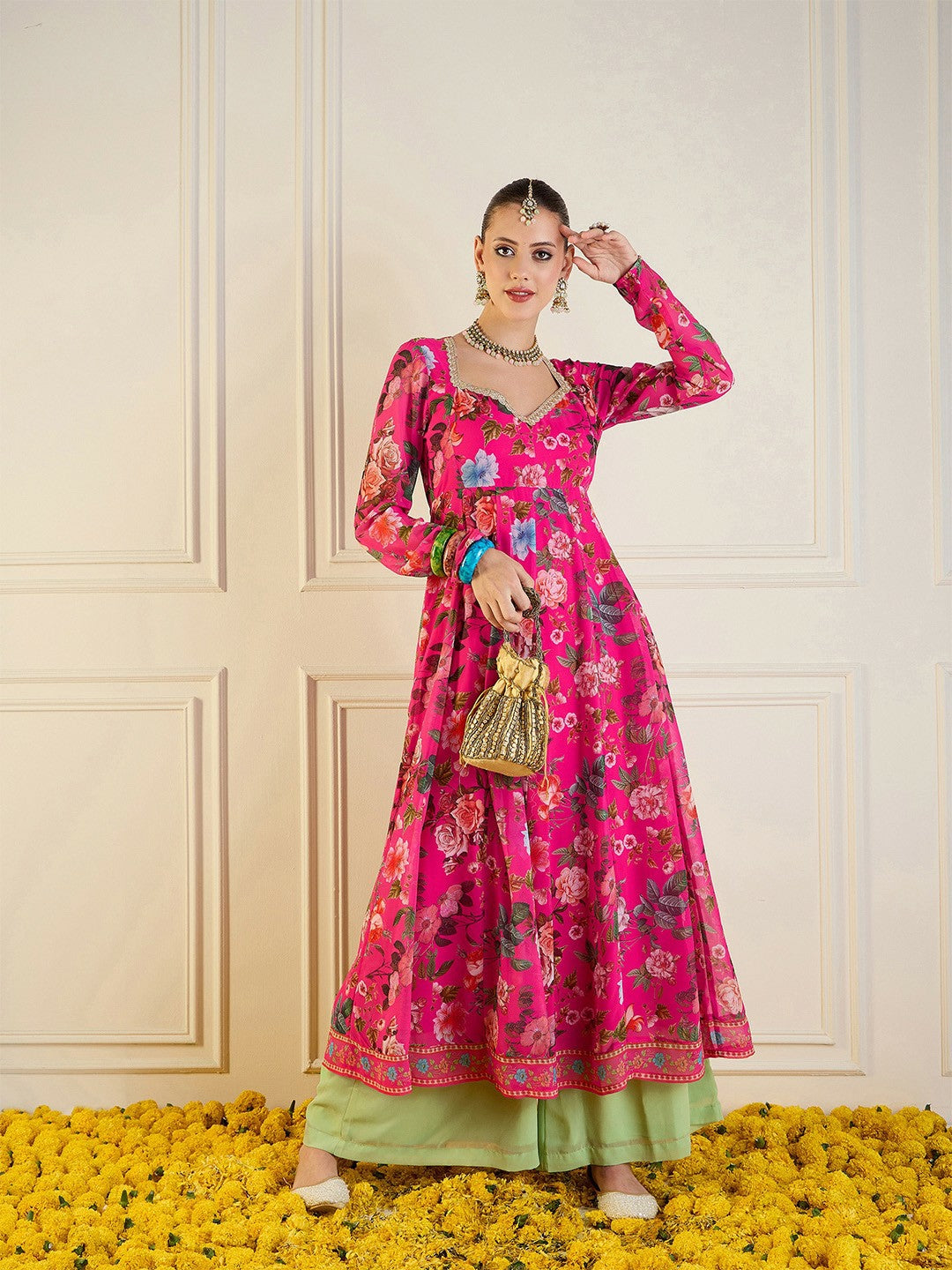 Fuchsia Floral Printed Anarkali Kurta for Women – Bollywood Eid Indian Pakistani Ethnic Wear | Indiaista