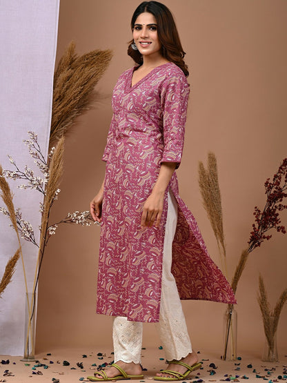 Ethnic Motifs Printed Pure Cotton Straight Kurta for Women - Purple & Beige | Indiaista