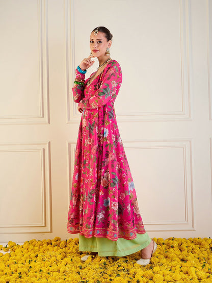 Fuchsia Floral Printed Anarkali Kurta for Women – Bollywood Eid Indian Pakistani Ethnic Wear | Indiaista