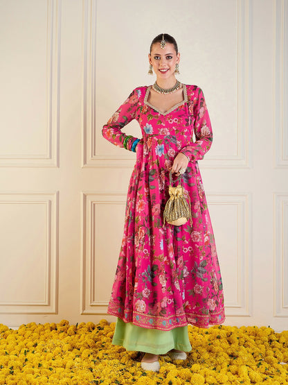 Fuchsia Floral Printed Anarkali Kurta for Women – Bollywood Eid Indian Pakistani Ethnic Wear | Indiaista