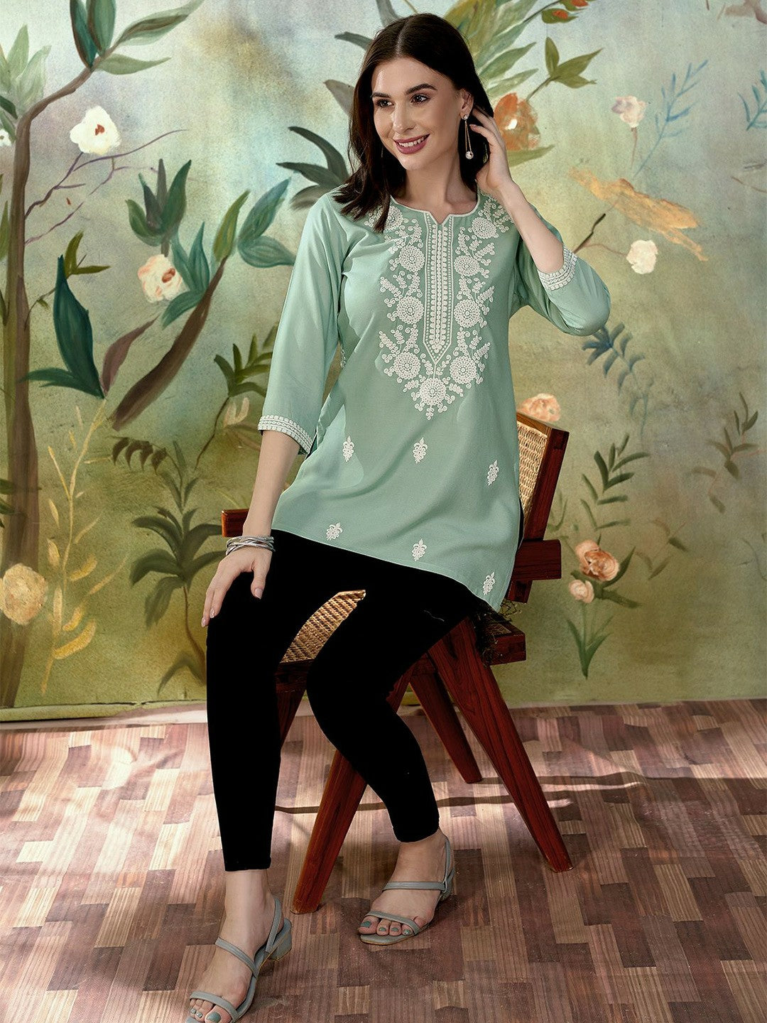 Buy Sea Green Straight Kurti with Ethnic Motifs Embroidery | Women's Rayon Kurti Online - Indiaista