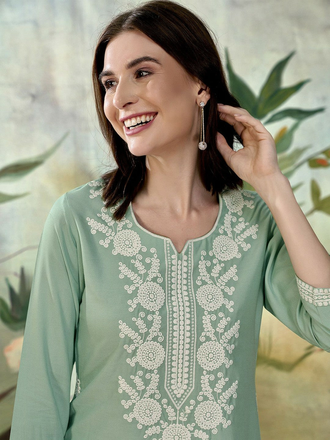 Buy Sea Green Straight Kurti with Ethnic Motifs Embroidery | Women's Rayon Kurti Online - Indiaista