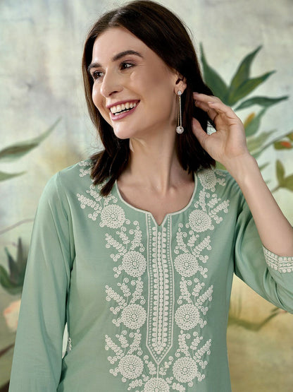 Buy Sea Green Straight Kurti with Ethnic Motifs Embroidery | Women's Rayon Kurti Online - Indiaista