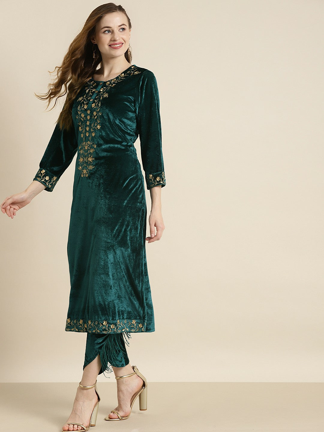 Bollywood Eid Indian Pakistani Velvet Kurta for Women – Teal & Gold Embroidered Ethnic Wear | Indiaista