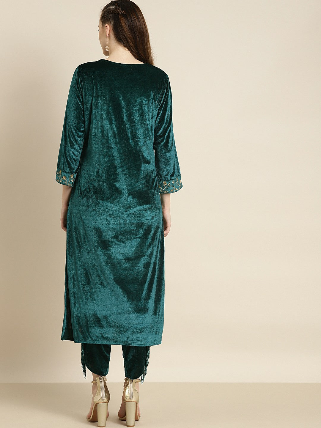 Bollywood Eid Indian Pakistani Velvet Kurta for Women – Teal & Gold Embroidered Ethnic Wear | Indiaista