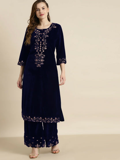 Bollywood Eid Indian Pakistani Velvet Kurta – Navy Blue & Gold Embroidered, Straight Fit | Indiaista