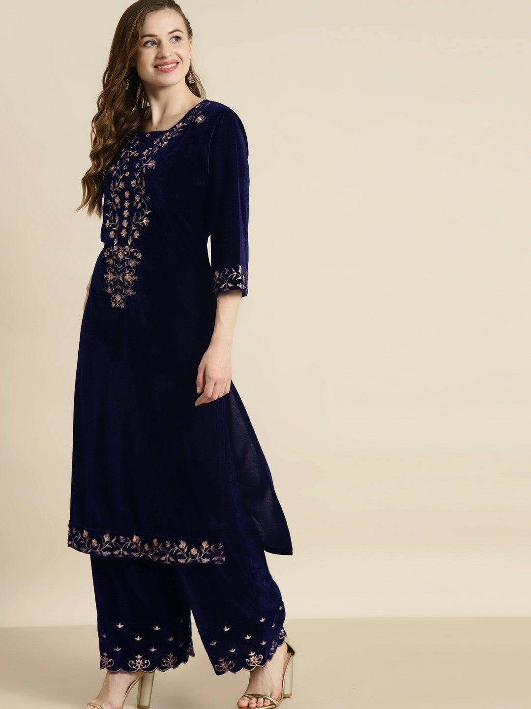 Bollywood Eid Indian Pakistani Velvet Kurta – Navy Blue & Gold Embroidered, Straight Fit | Indiaista