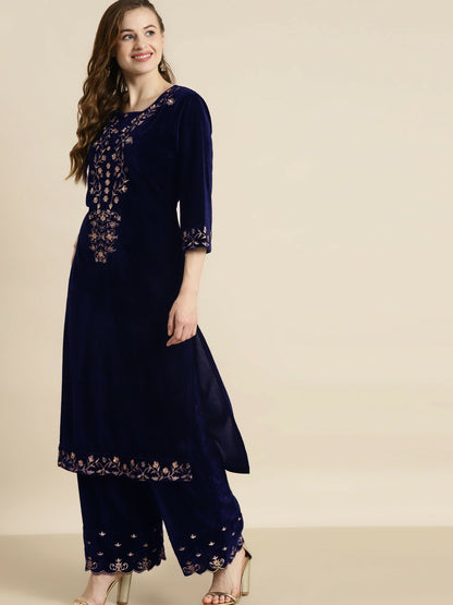 Bollywood Eid Indian Pakistani Velvet Kurta – Navy Blue & Gold Embroidered, Straight Fit | Indiaista