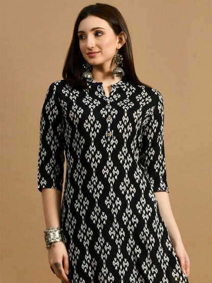 Black and White Geometric Printed Straight Kurta with Mandarin Collar | Indiaista