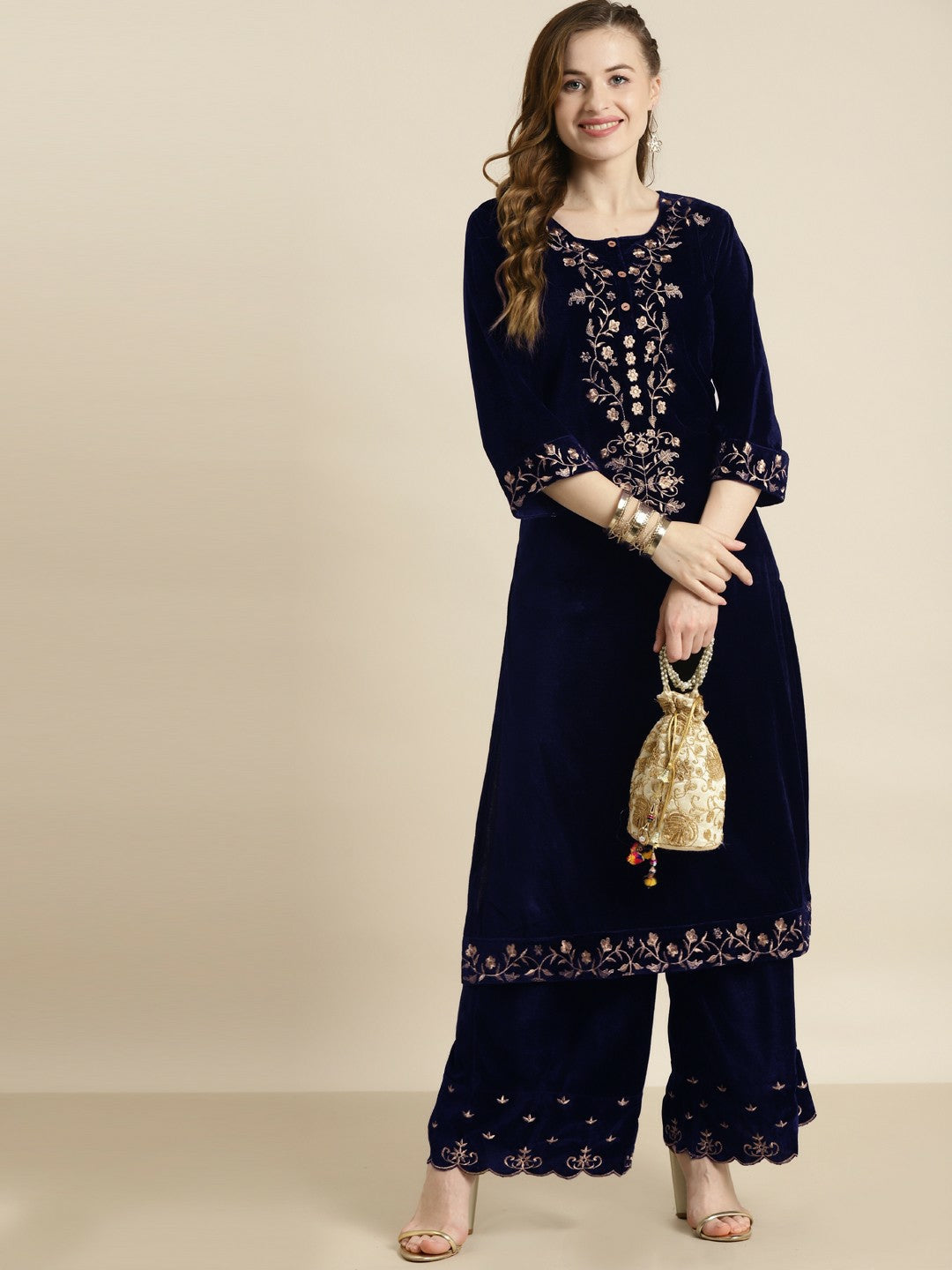 Bollywood Eid Indian Pakistani Velvet Kurta – Navy Blue & Gold Embroidered, Straight Fit | Indiaista