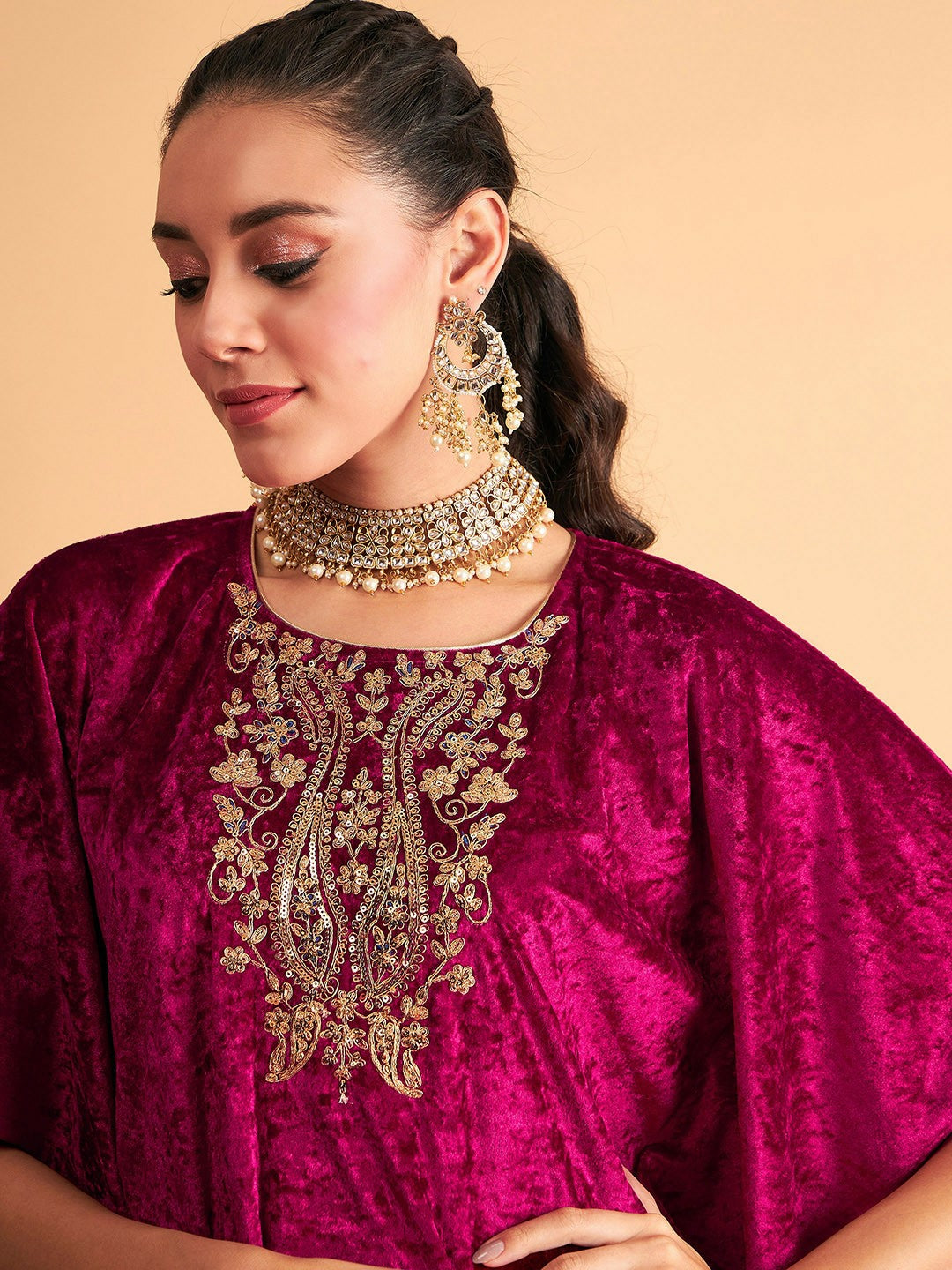 Fuchsia Embroidered Velvet Kaftan Kurta for Women – Bollywood Eid Indian Pakistani Outfit | Indiaista