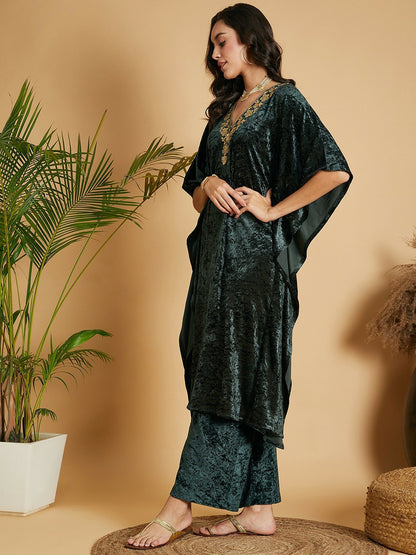 Green Velvet Embroidered Kurta for Women – Bollywood Eid Pakistani Indian A-Line Kaftan Style