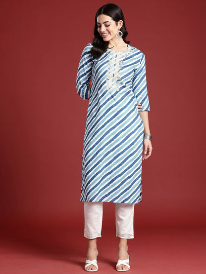 Women Leheriya Printed Cotton Kurta in Blue & Navy Blue - Thread Work, Knee Length | Indiaista