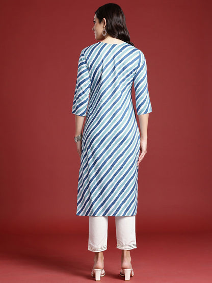 Women Leheriya Printed Cotton Kurta in Blue & Navy Blue - Thread Work, Knee Length | Indiaista