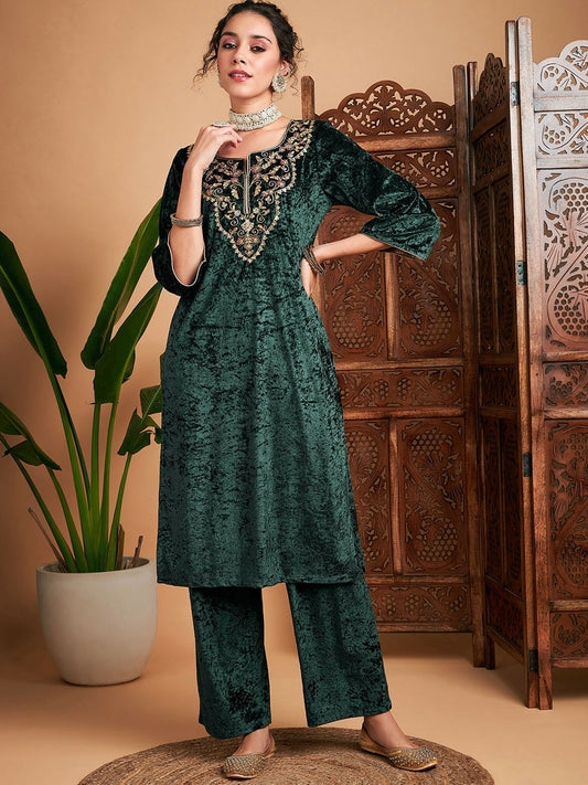 Elegant Green Ethnic Motifs Velvet Kurta with Zari & Sequins Detailing - Indiaista