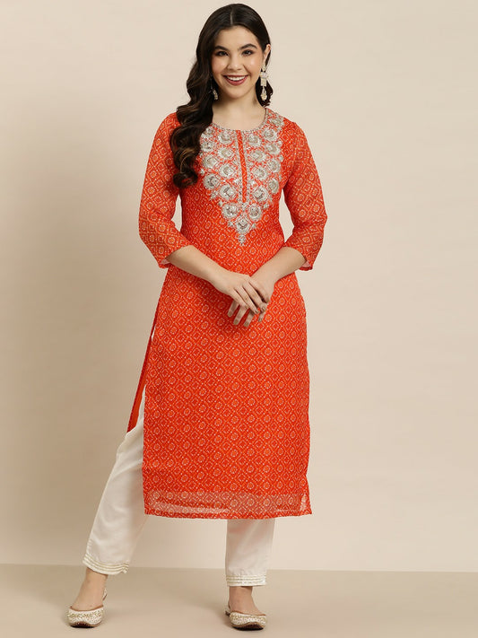 Elegant Orange & Golden Bandhani Print Kurta with Zari Yoke Design | IndiaIsta