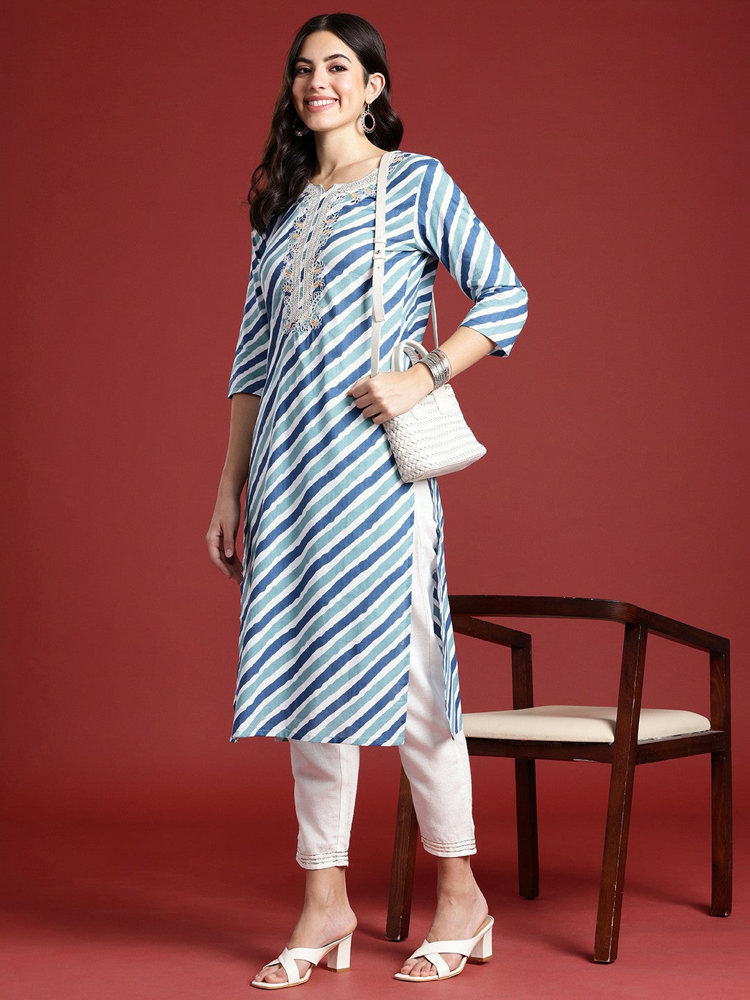 Women Leheriya Printed Cotton Kurta in Blue & Navy Blue - Thread Work, Knee Length | Indiaista