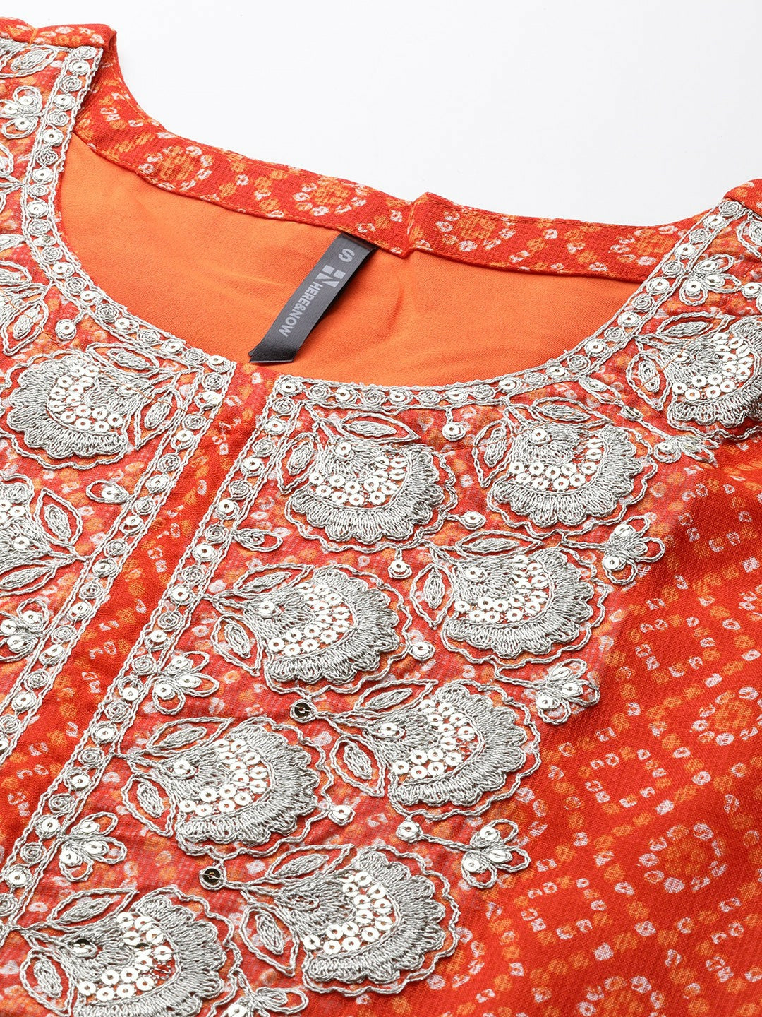 Elegant Orange & Golden Bandhani Print Kurta with Zari Yoke Design | IndiaIsta