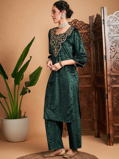 Elegant Green Ethnic Motifs Velvet Kurta with Zari & Sequins Detailing - Indiaista