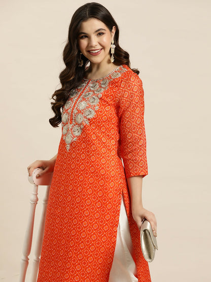 Elegant Orange & Golden Bandhani Print Kurta with Zari Yoke Design | IndiaIsta