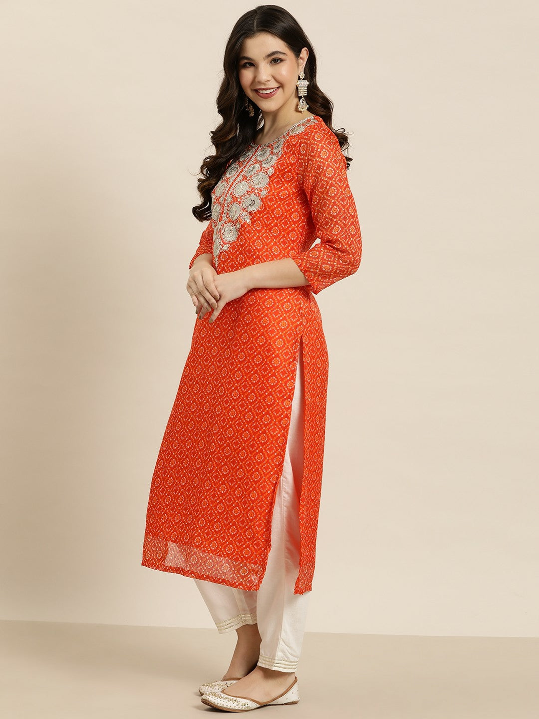 Elegant Orange & Golden Bandhani Print Kurta with Zari Yoke Design | IndiaIsta