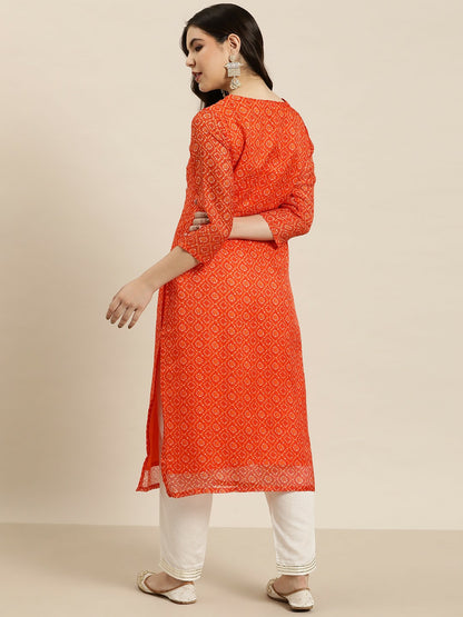 Elegant Orange & Golden Bandhani Print Kurta with Zari Yoke Design | IndiaIsta