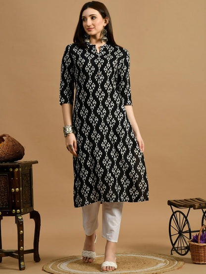 Black and White Geometric Printed Straight Kurta with Mandarin Collar | Indiaista