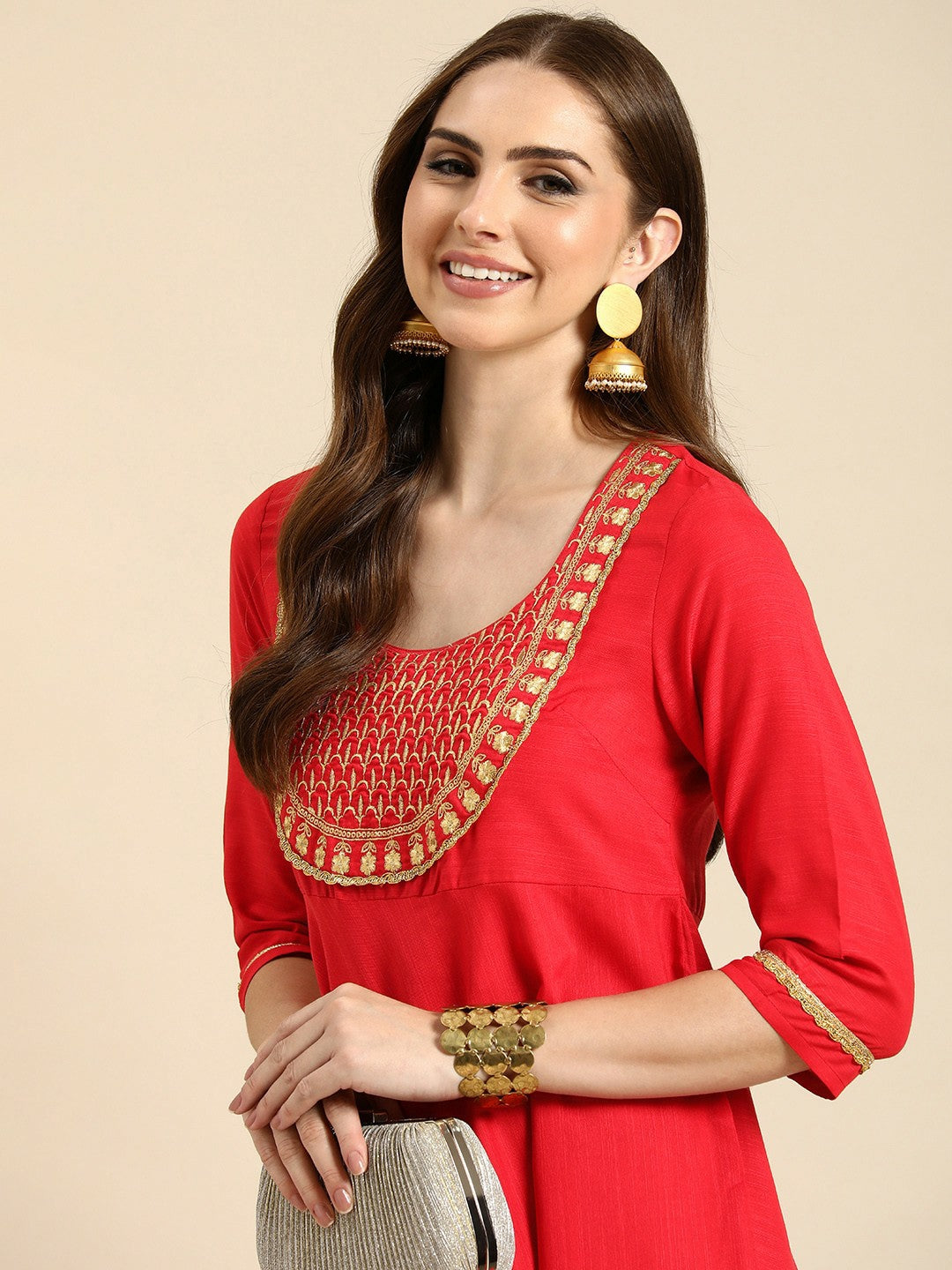 Red and Gold-Toned Women Ethnic Kurta with Zari Work – A-Line, Calf-Length | Indiaista