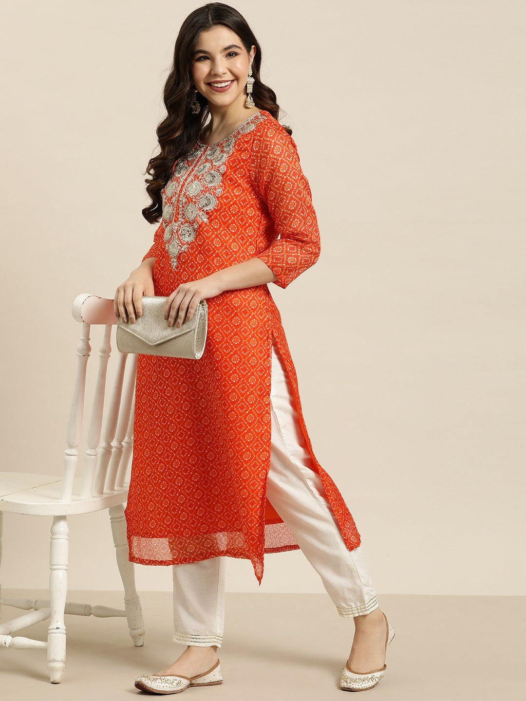 Elegant Orange & Golden Bandhani Print Kurta with Zari Yoke Design | IndiaIsta