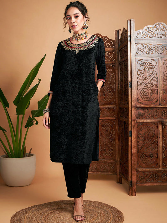 Black & Gold-Toned Velvet Kurta for Women | Ethnic Motifs Yoke Design | IndiaIsta