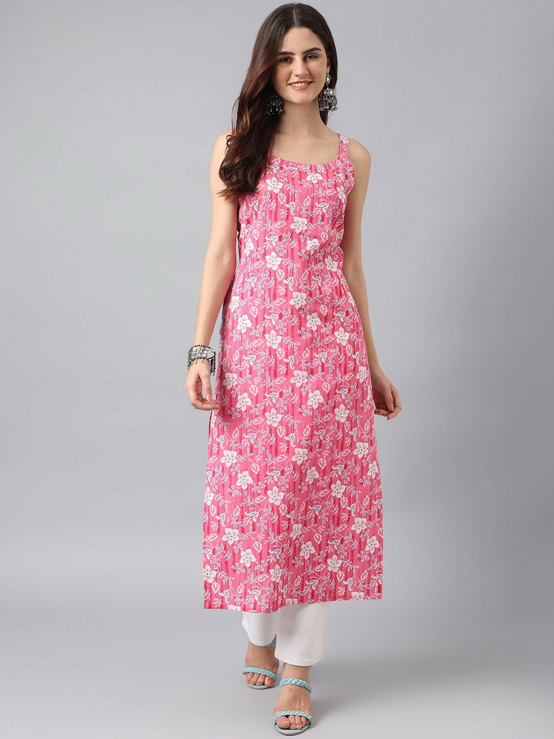 Pink Floral Printed Sleeveless Cotton Kurta for Women | Indiaista