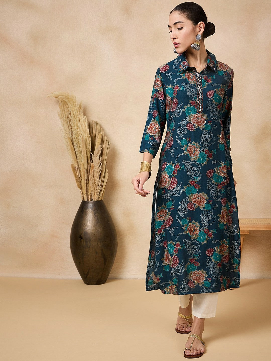 Buy Teal Blue Floral Printed Mirror Work Silk Kurta for Women | Indiaista