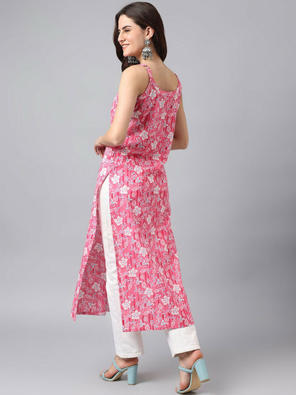 Pink Floral Printed Sleeveless Cotton Kurta for Women | Indiaista