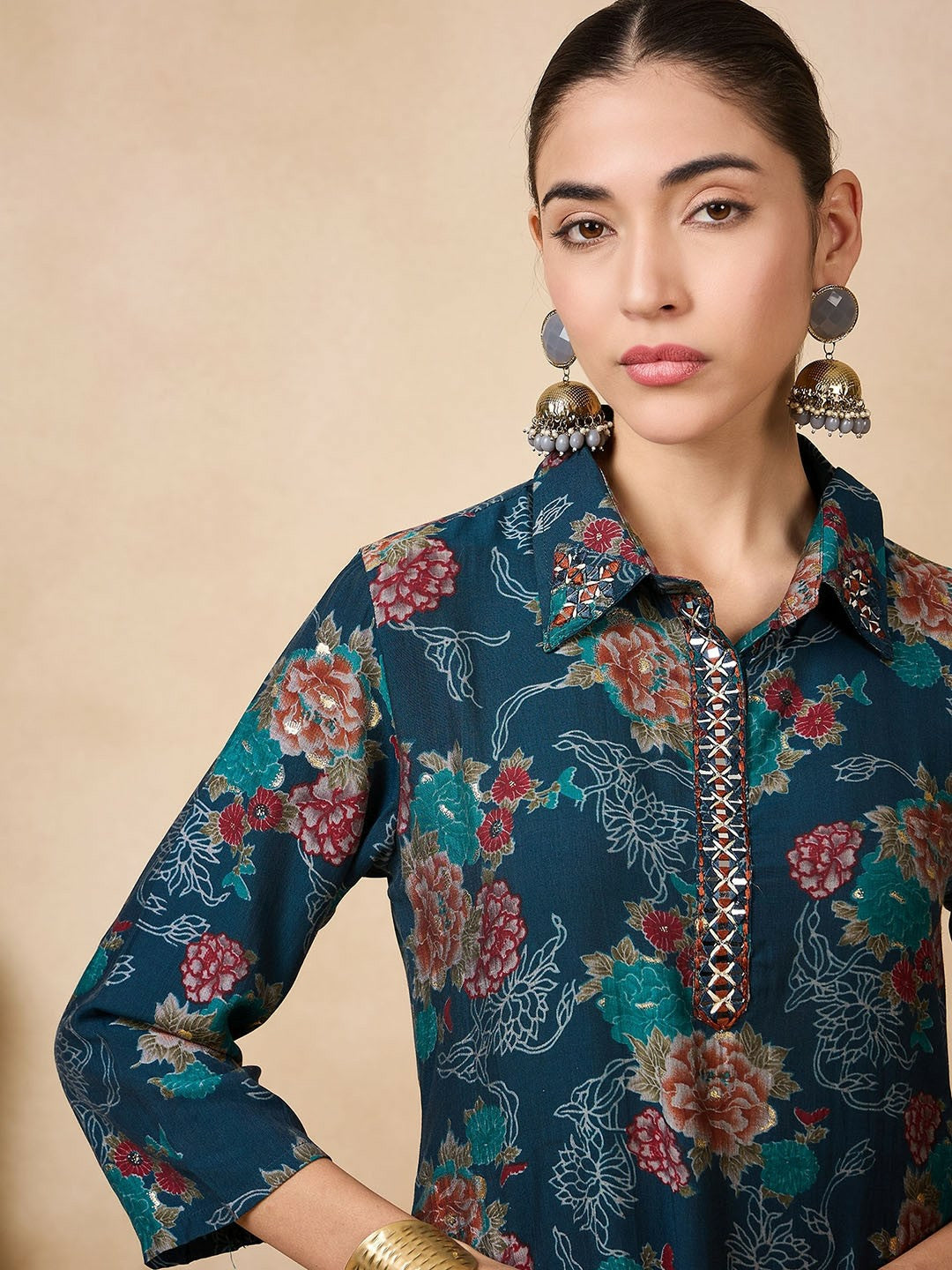 Buy Teal Blue Floral Printed Mirror Work Silk Kurta for Women | Indiaista