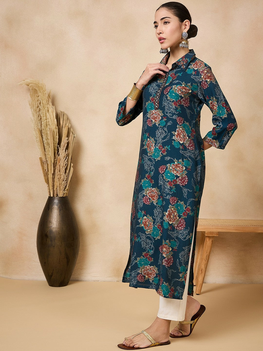 Buy Teal Blue Floral Printed Mirror Work Silk Kurta for Women | Indiaista