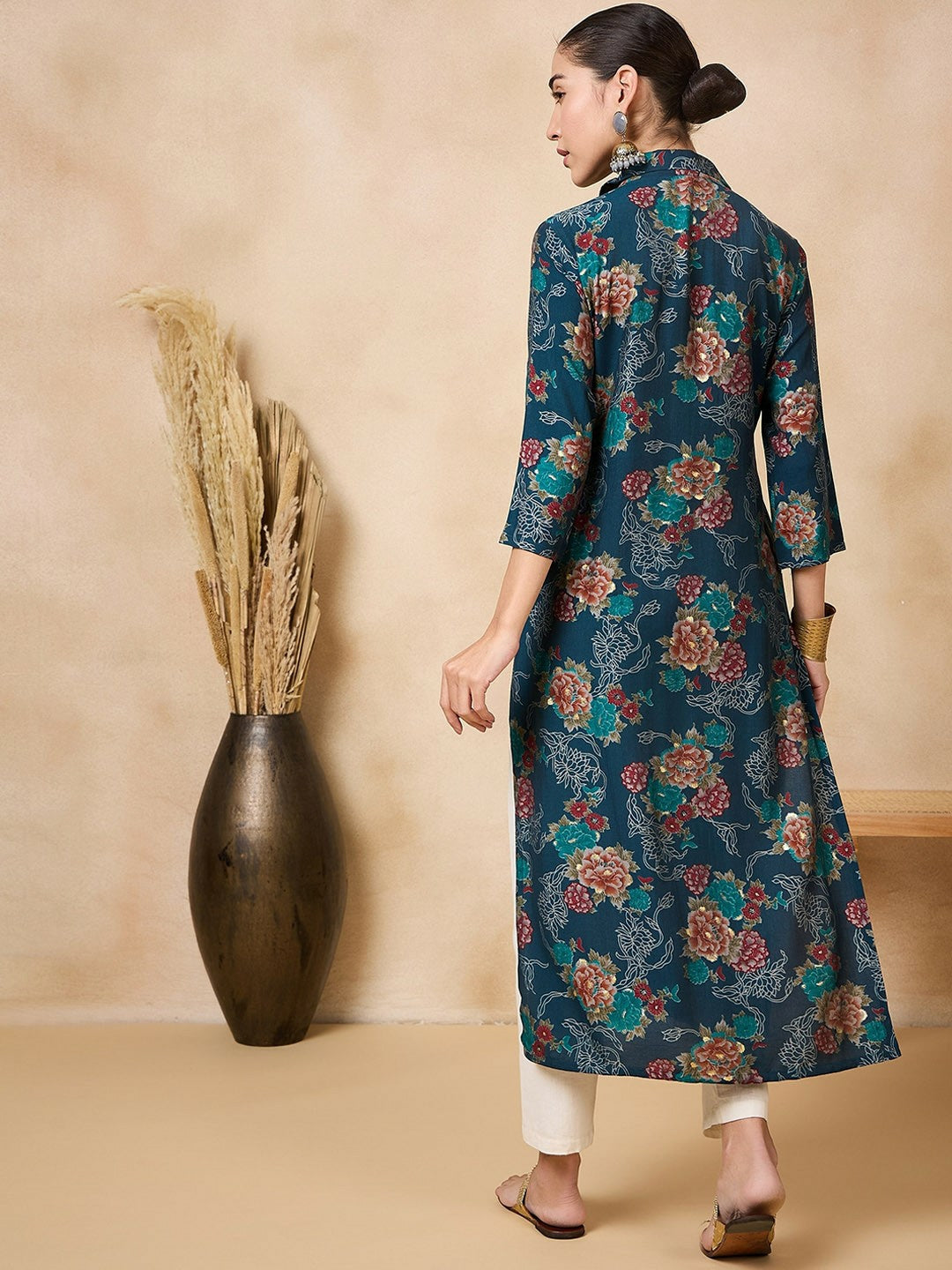 Buy Teal Blue Floral Printed Mirror Work Silk Kurta for Women | Indiaista