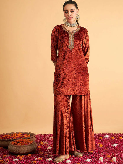 Rust & Gold-Toned Velvet A-Line Kurta with Floral Embroidery & Sequinned Detail | Indiaista