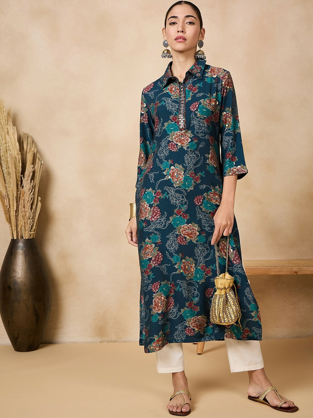 Buy Teal Blue Floral Printed Mirror Work Silk Kurta for Women | Indiaista