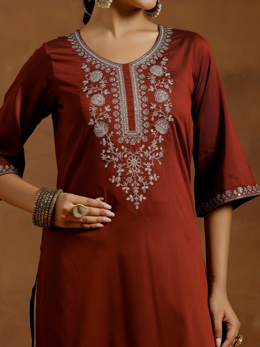 Maroon Ethnic Motifs Embroidered Kurta with Flared Sleeves & Thread Work – Indiaista