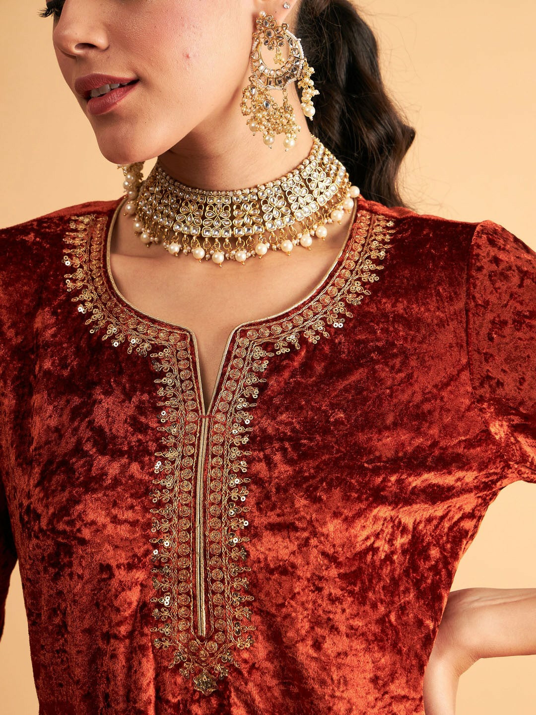 Rust & Gold-Toned Velvet A-Line Kurta with Floral Embroidery & Sequinned Detail | Indiaista