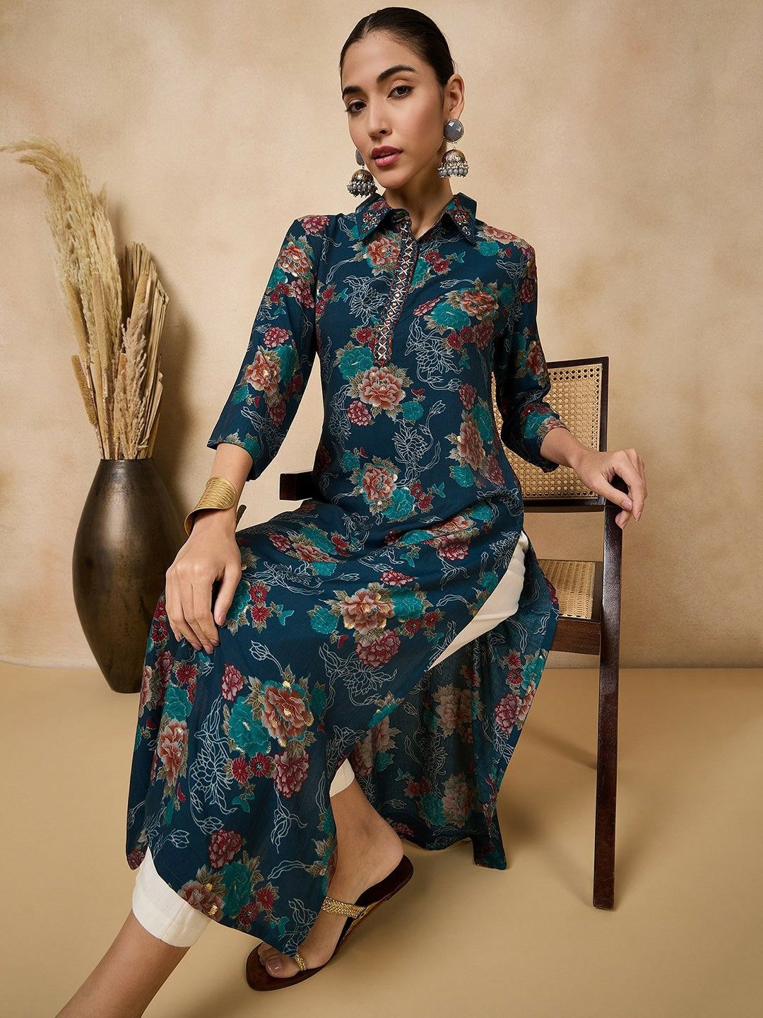 Buy Teal Blue Floral Printed Mirror Work Silk Kurta for Women | Indiaista