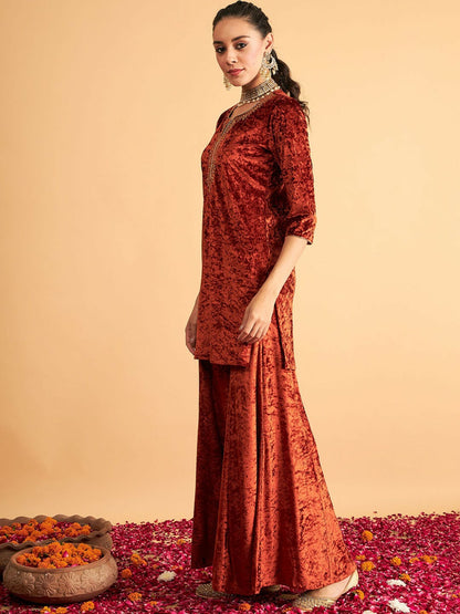 Rust & Gold-Toned Velvet A-Line Kurta with Floral Embroidery & Sequinned Detail | Indiaista