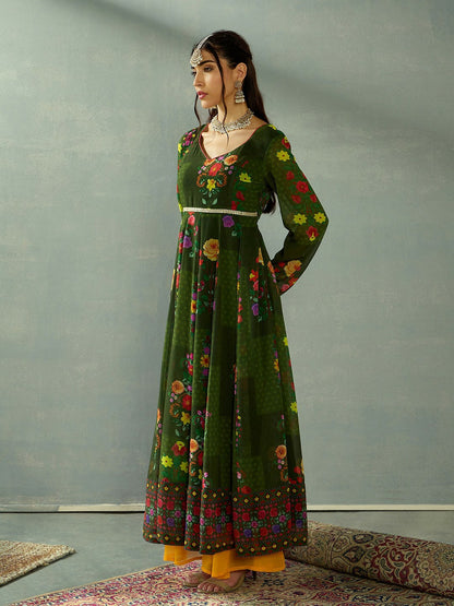 Elegant Green Floral Embroidered Anarkali Kurta for Women – Sweetheart Neck & Long Sleeves | IndiaIsta